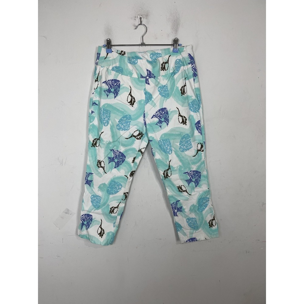 Lulu-B Fish Sea Shell Print Ankle Pants Turquoise Blue Coastal Stretch Size 10